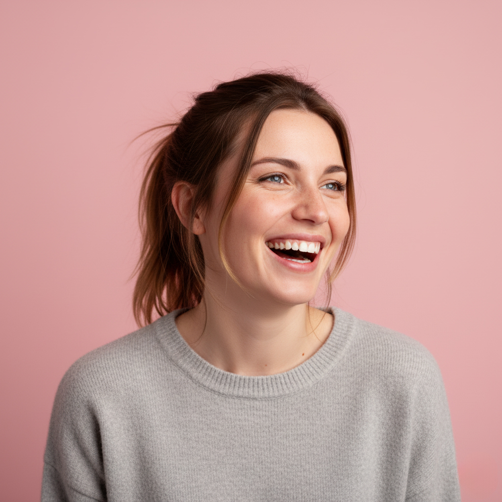 Lachende vrouw in een grijze trui tegen een roze achtergrond
